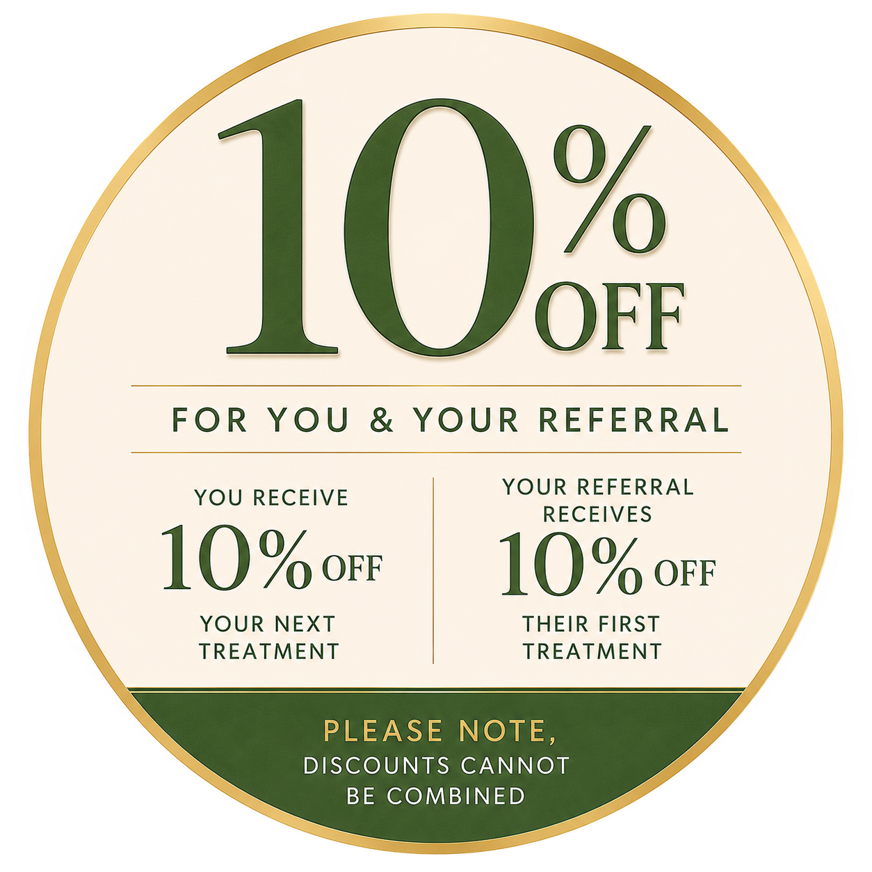 10% referral discount for the existing client and the referred client. Discounts cannot be combined.